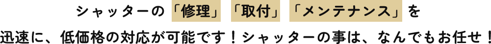 シャッターの「修理」「取付」「メンテナンス」を迅速に、低価格の対応が可能です！シャッターの事は、なんでもお任せ！